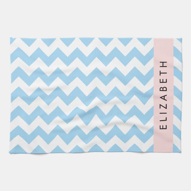 Blue Zigzag, Blue Chevron, Wave Pattern, Your Name Tea Towel (Horizontal)