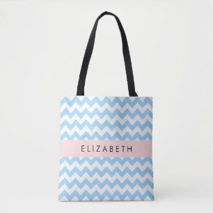 Blue Zigzag, Blue Chevron, Wave Pattern, Your Name Tote Bag