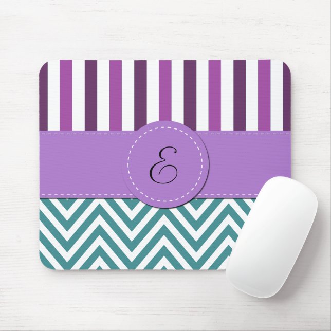 Blue Zigzag, Chevron, Purple Stripes, Monogram Mouse Pad (With Mouse)