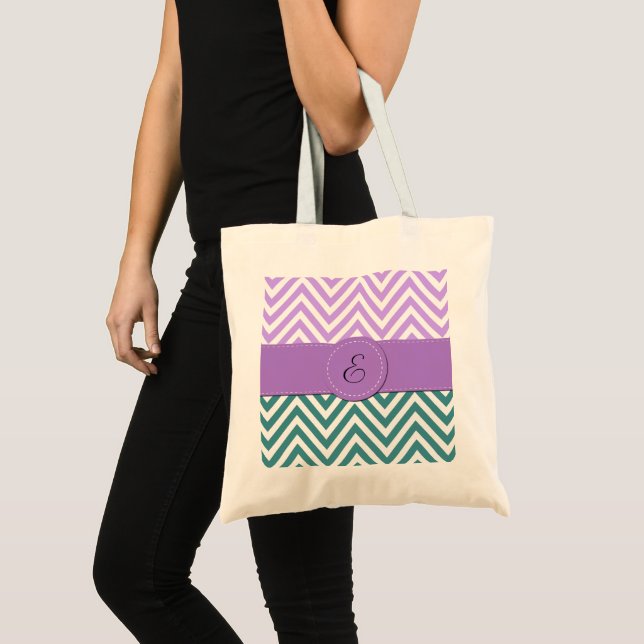 Blue Zigzag, Purple Zigzag, Chevron, Monogram Tote Bag (Front (Product))