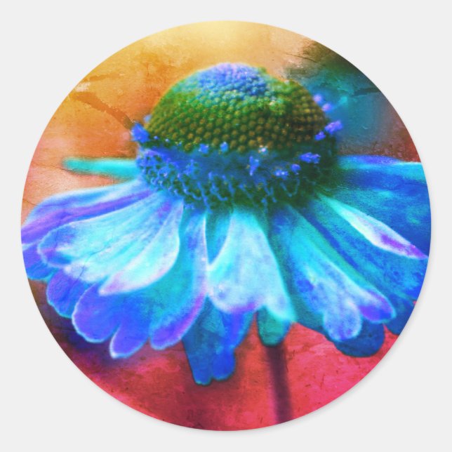Blue Zinnia Flower Abstract Distressed Classic Round Sticker (Front)
