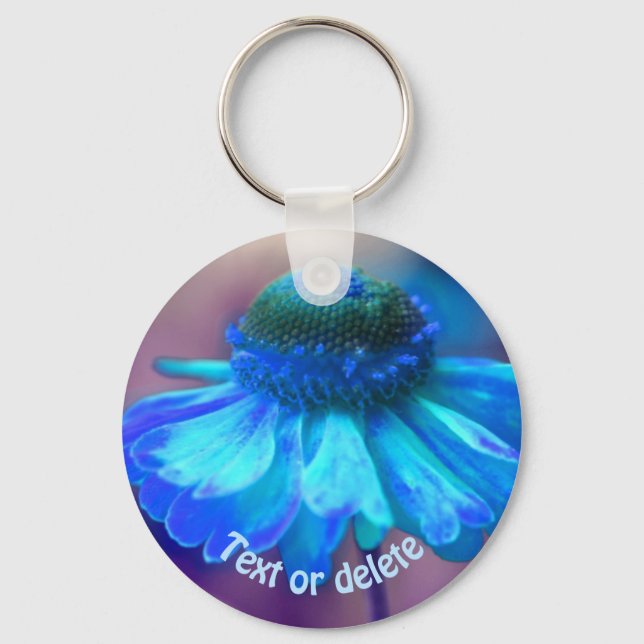 Blue Zinnia Flower Art Personalised Key Ring (Front)