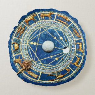 Blue Zodiac Astrology Birth / Sun Signs Gold Stars Round Cushion