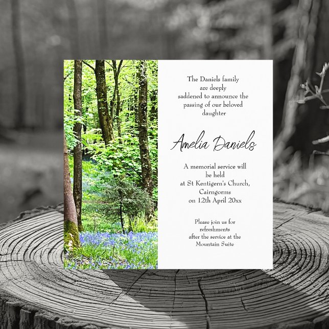 Bluebell wood Funeral Announcement Card (Elegant funeral announcement cards for a beautiful soul lost too soon.💕)