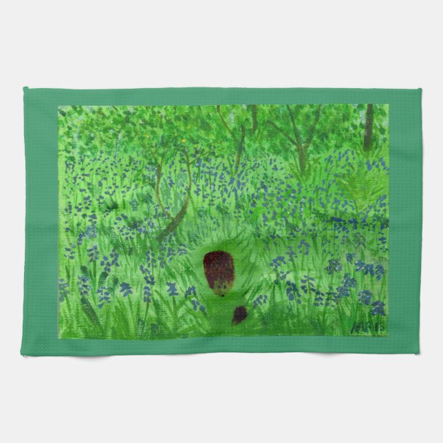 Bluebell Woodland Hedgehogs Spring Green Tea Towel (Horizontal)