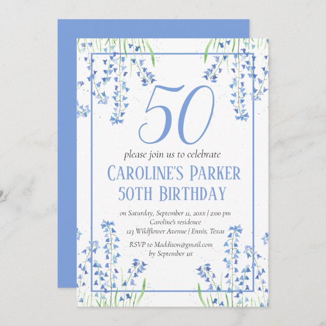 Bluebells 50th Birthday Blue Floral Botanical Invitation (Front/Back)