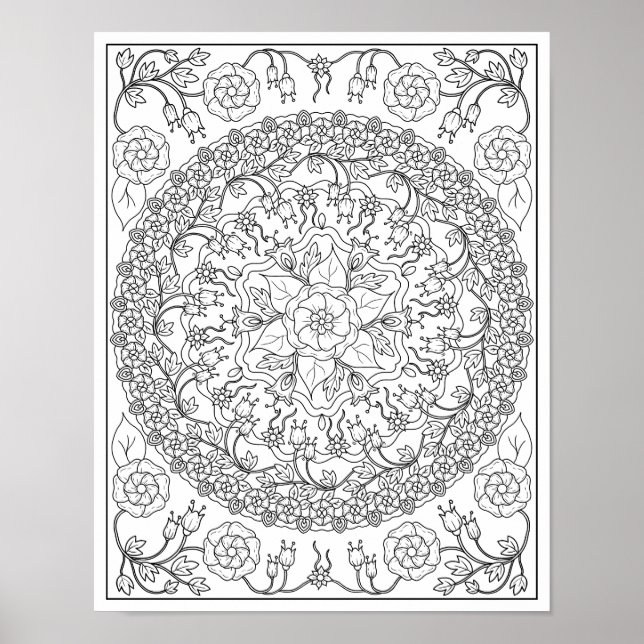 Bluebells and Vines Mandala Adult Colouring Poster (Front)