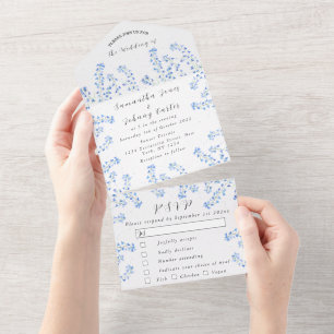 Bluebells Blue Floral Watercolor Nature Wedding All In One Invitation