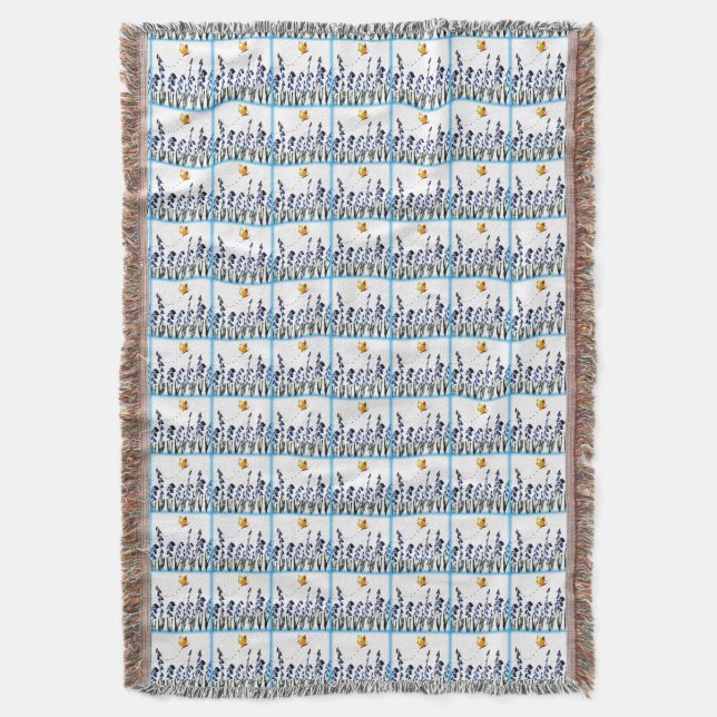 Bluebells Butterflies Floral Checker Pattern Throw Blanket (Front Vertical)