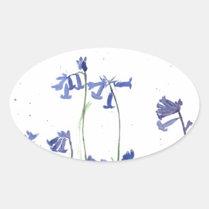 Bluebells watercolor blue flowers nature rustic oval sticker