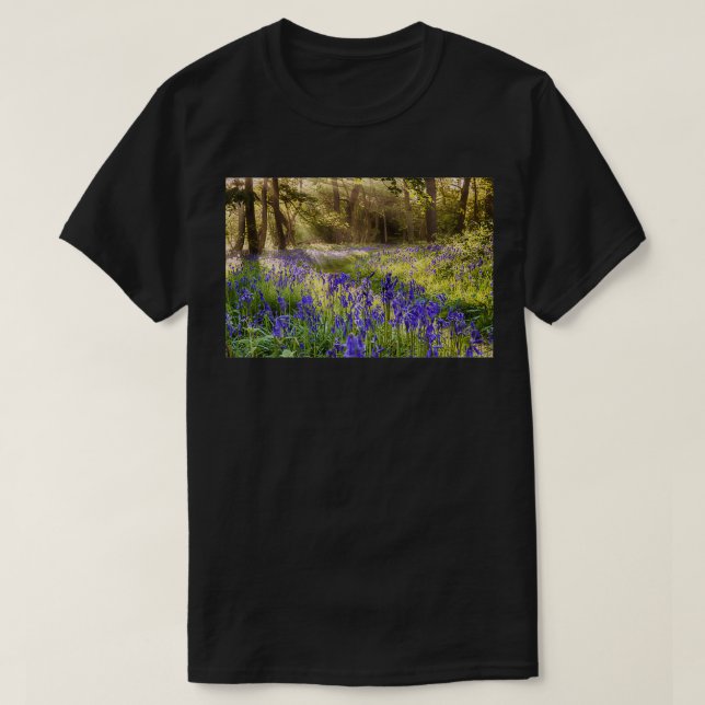 Bluebells woodland path with glowing sunrise light T-Shirt (Design Front)
