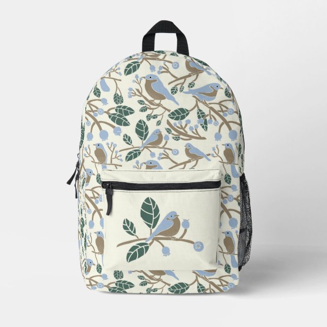 Blueberries and Bluebirds Light Blue, Brown, Cream Printed Backpack (Front)