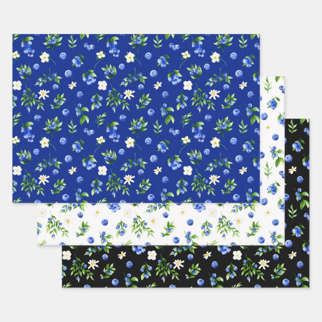 Blueberries and Foliage Pattern Wrapping Paper Sheet (Set)
