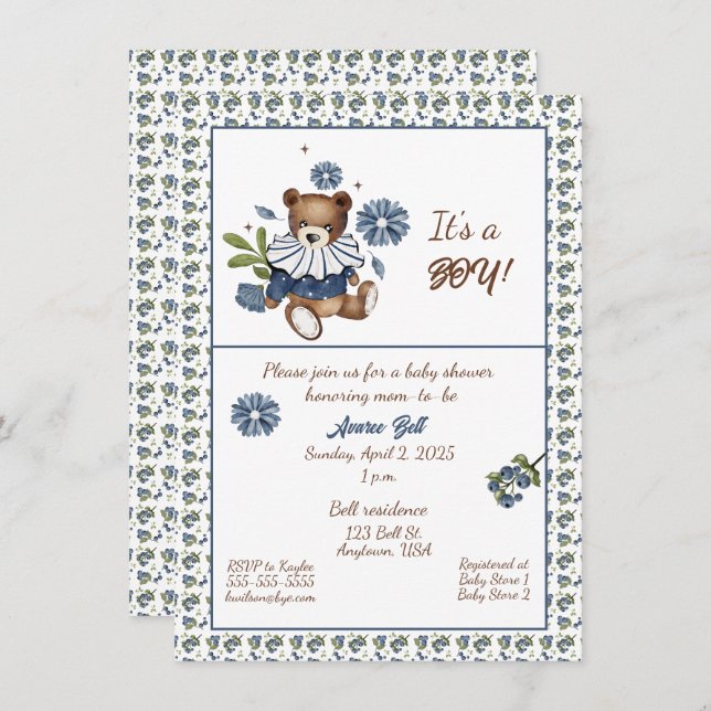 Blueberries and Teddy Bear It's A Boy! Shower Invitation (Front/Back)