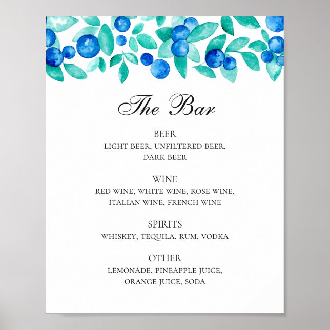 Blueberries. Blue and mint wedding drinks bar menu Poster (Front)
