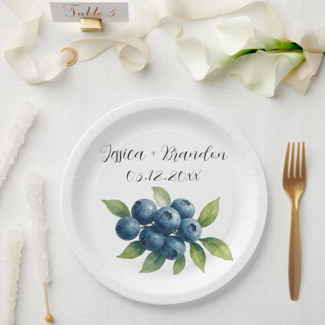 Blueberries Fruit Blueberry Watercolor Wedding Paper Plate (Wedding)