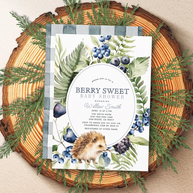 Blueberries & Hedgehog Berry Sweet Boy Baby Shower Invitation (Creator Uploaded)