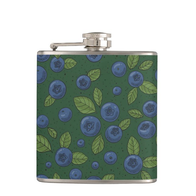 Blueberries on dark green hip flask (Front)