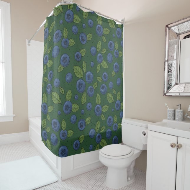 Blueberries on dark green shower curtain (In Situ)