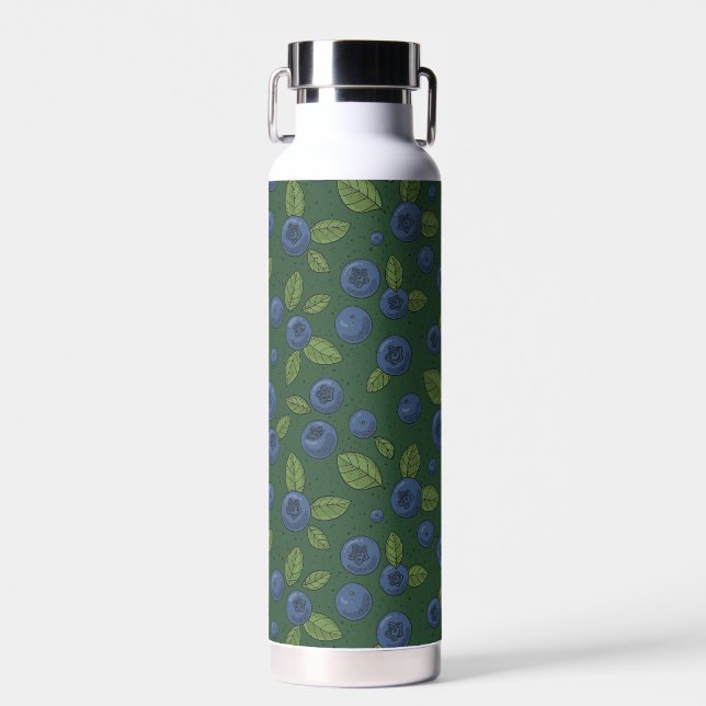 Blueberries on dark green water bottle (Front)