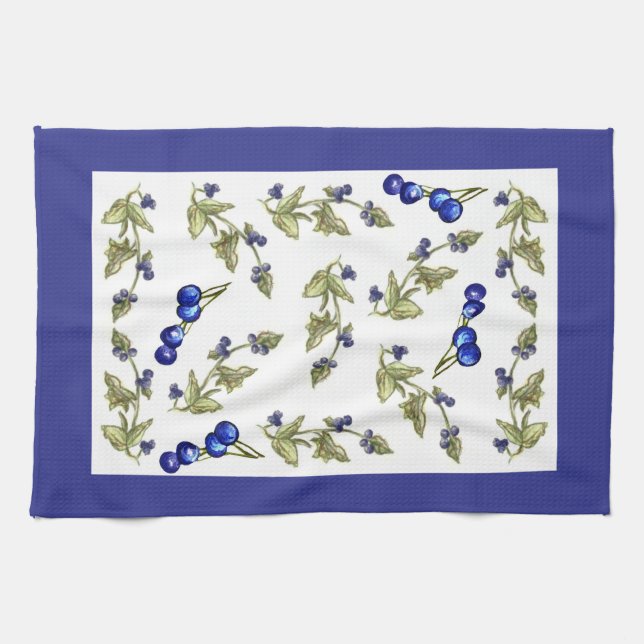 Blueberries on vine kitchen towel larger print (Horizontal)