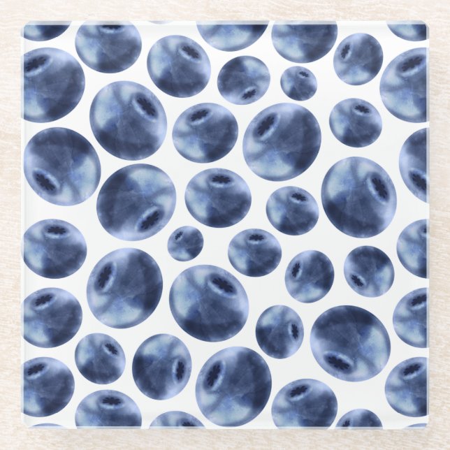 Blueberries Print Fruit Pattern Glass Coaster (Front)