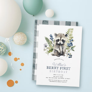 Blueberries & Raccoon Boy Berry First 1st Birthday Invitation
