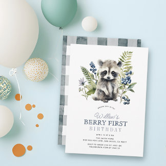 Blueberries & Raccoon Boy Berry First 1st Birthday Invitation