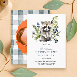 Blueberries Racoon Berry First 1st Birthday Photo Invitation