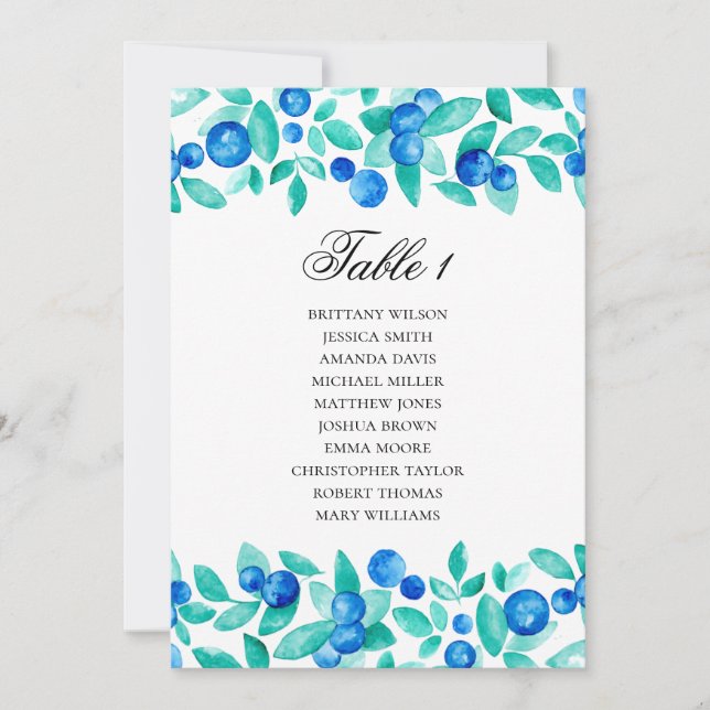 Blueberries seating chart. Mint and blue wedding Invitation (Front)