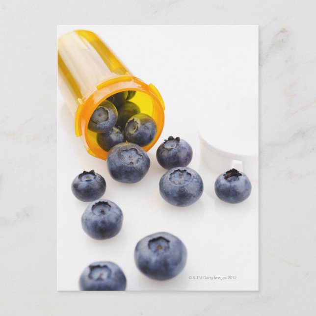 Blueberries spilling from prescription bottle postcard (Front)