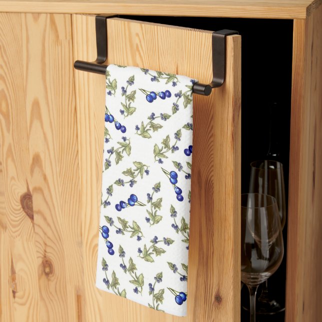 Blueberries Stemmed Leaves White Background Tea Towel (Thirds Fold)