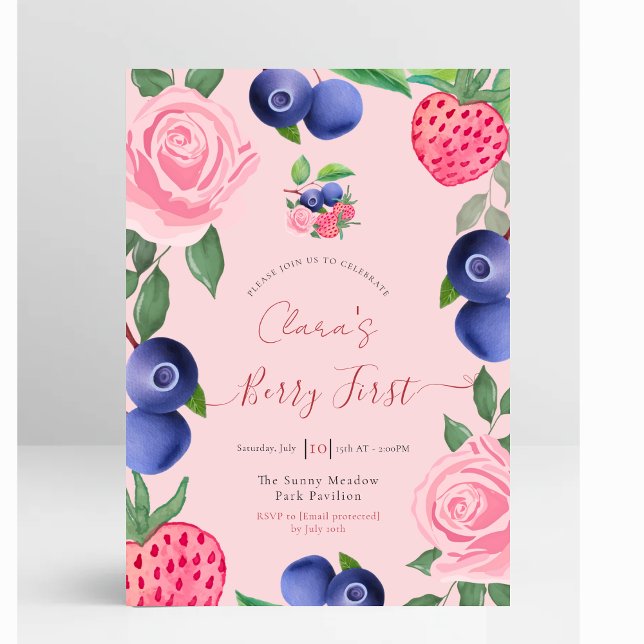 Blueberries & Strawberries Frame with Pink Roses Invitation (Blueberries & Strawberries Frame with Pink Roses First Birthday Invitation)