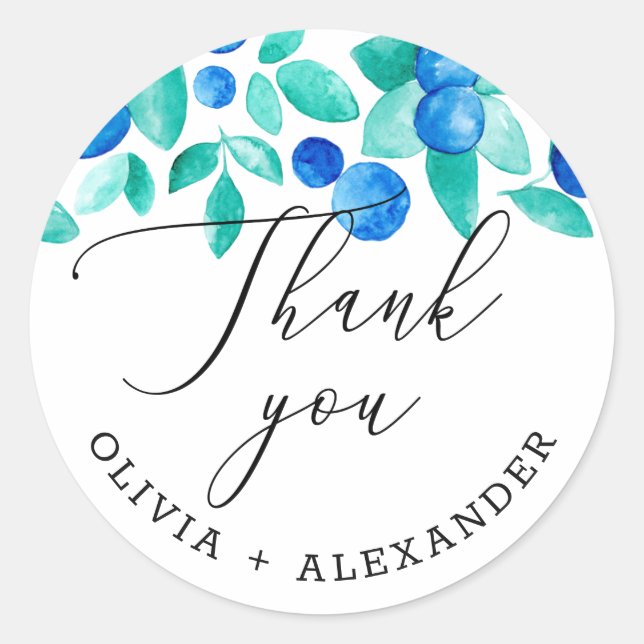 Blueberries thank you. Woodland berry wedding Classic Round Sticker (Front)
