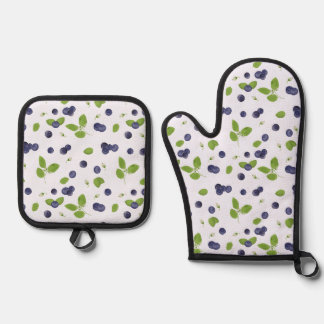 Blueberries Watercolor Blueberry Blossoms Foliage Oven Mitt & Pot Holder Set