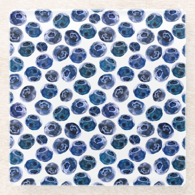 Blueberries: watercolor illustrated pattern. glass coaster (Front)