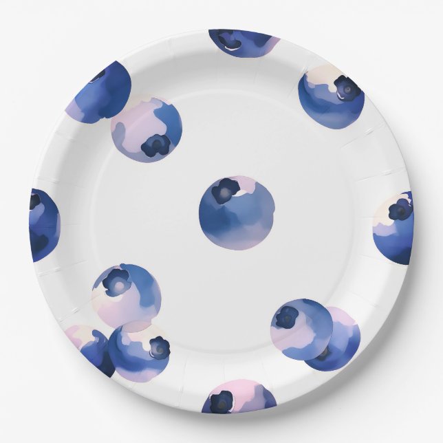 Blueberries Watercolor Pattern  Paper Plate (Front)