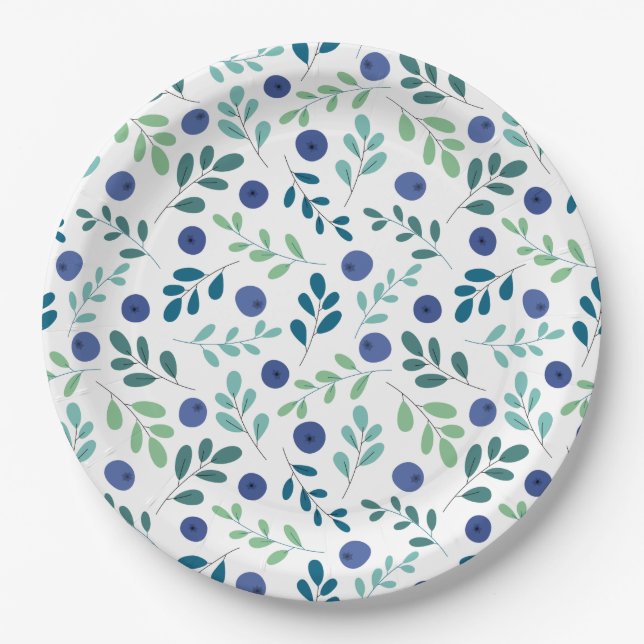 Blueberries with Green Leaves Pattern Paper Plate (Front)