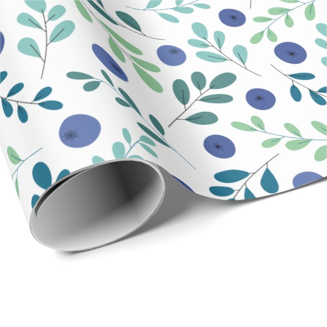 Blueberries with Green Leaves Pattern Wrapping Paper (Roll Corner)