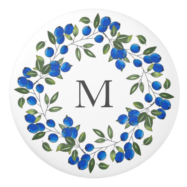 Blueberries Wreath  Ceramic Knob (Front)