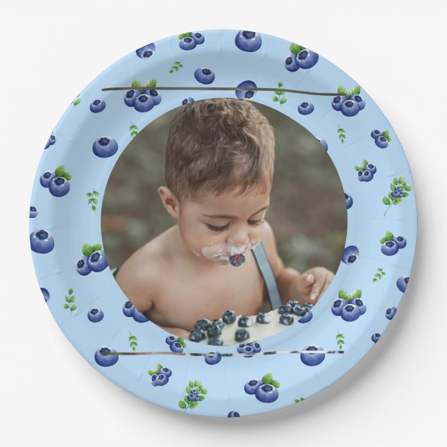 Blueberry 1st Birthday Berry First Photo Paper Plate (Front)