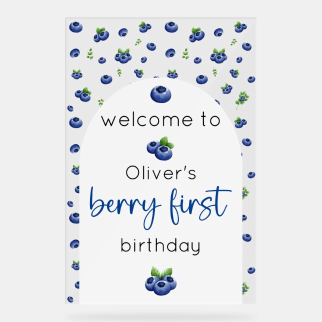 Blueberry 1st Birthday Berry First Welcome Acrylic Sign (Front)