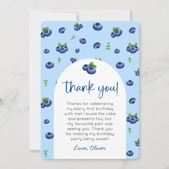 Blueberry 1st Birthday Photo Thank You Invitation (Front)