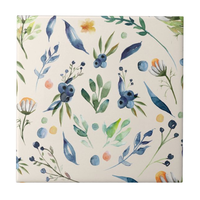 Blueberry and Daisy Clear Image Seamless Ceramic Tile (Front)