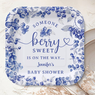 Blueberry Baby Shower Blue Toile De Jouy  Paper Plate