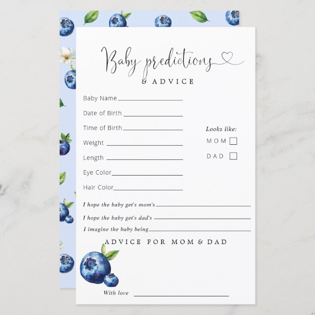 Blueberry Baby Shower Predictions Advice (Front/Back)