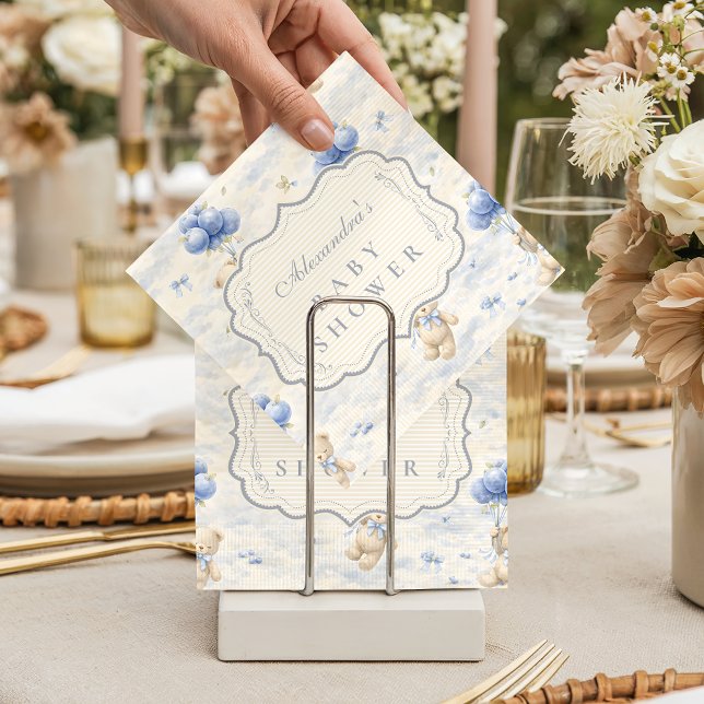 Blueberry Balloon Teddy Toile Baby Shower Napkin (Creator Uploaded)