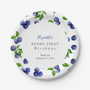 Blueberry Berry First Birthday Watercolor Cute Paper Plate