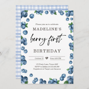 Blueberry Berry Sweet 1st First Birthday Invitation