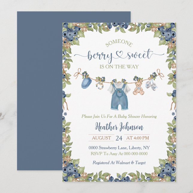 Blueberry Berry Sweet Clothesline Baby Shower Invitation (Front/Back)